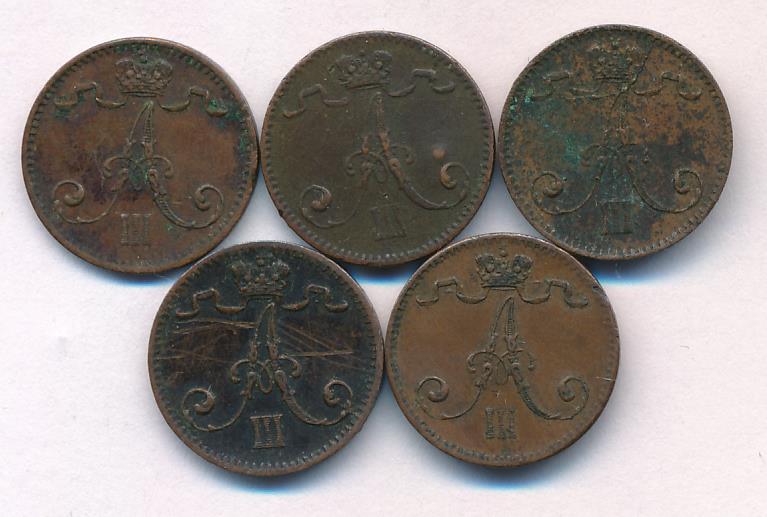 1883 Лот монет Финляндии: 1 пенни (5 шт.) реверс