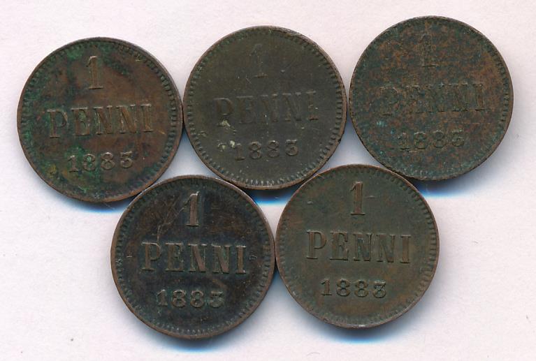1883 Лот монет Финляндии: 1 пенни (5 шт.) аверс