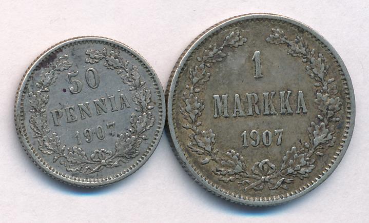 1907 Лот монет Финляндии: 1 марка, 50 пенни (2 шт.) аверс