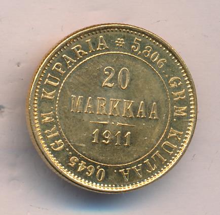 1911 20 марок. M-6,45г аверс