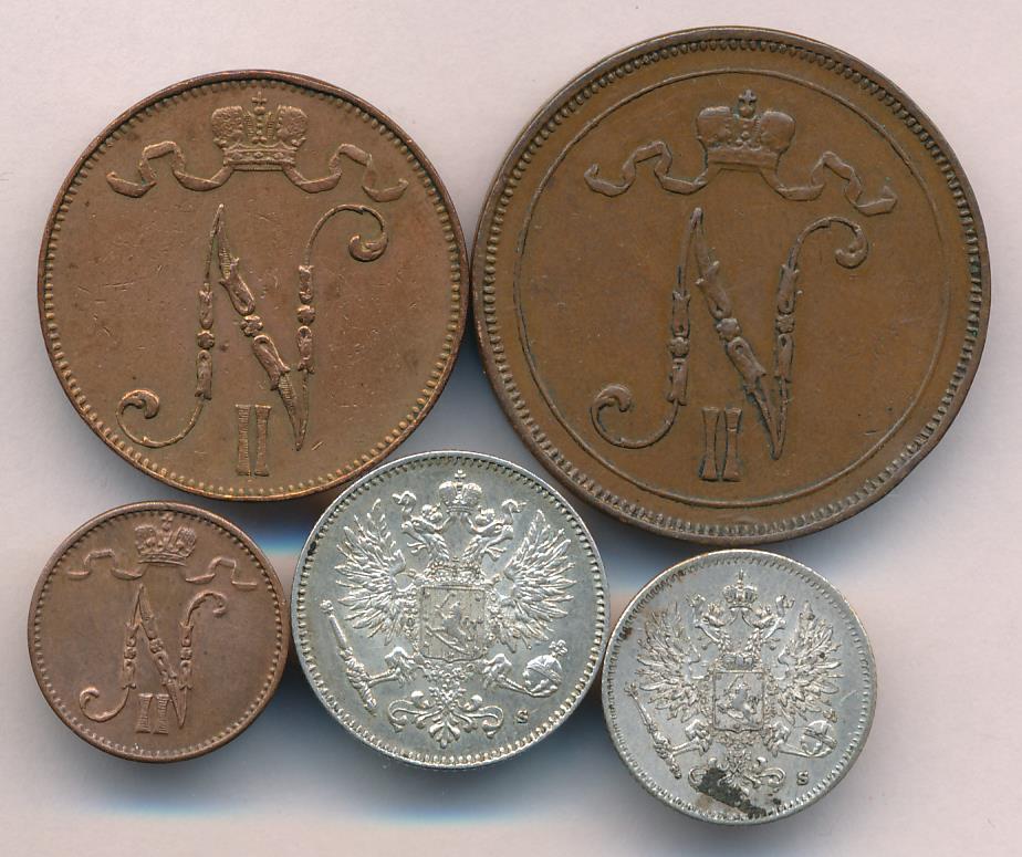 1915 Лот монет Финляндии: 50,25,10,5,1 пенни (5 шт.) реверс