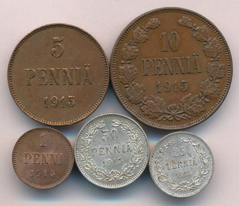 1915 Лот монет Финляндии: 50,25,10,5,1 пенни (5 шт.) аверс