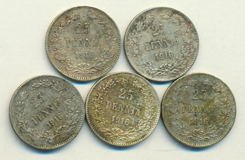 1916 Лот монет Финляндии: 25 пенни (5 шт.) аверс