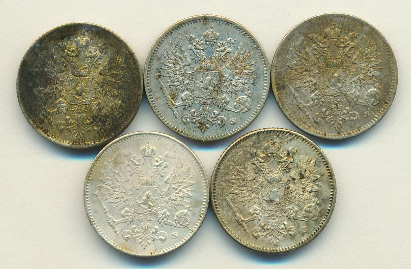 1916 Лот монет Финляндии: 25 пенни (5 шт.) реверс