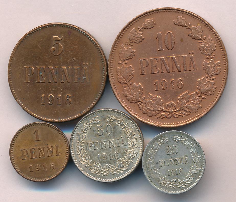 1916 Лот монет Финляндии: 50,25,10,5,1 пенни (5 шт.) аверс