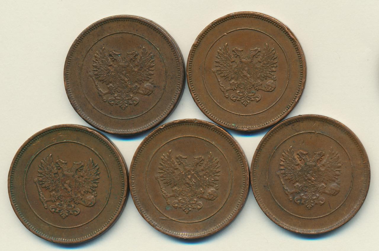 1917 Лот монет Финляндии: 10 пенни (5 шт.) реверс