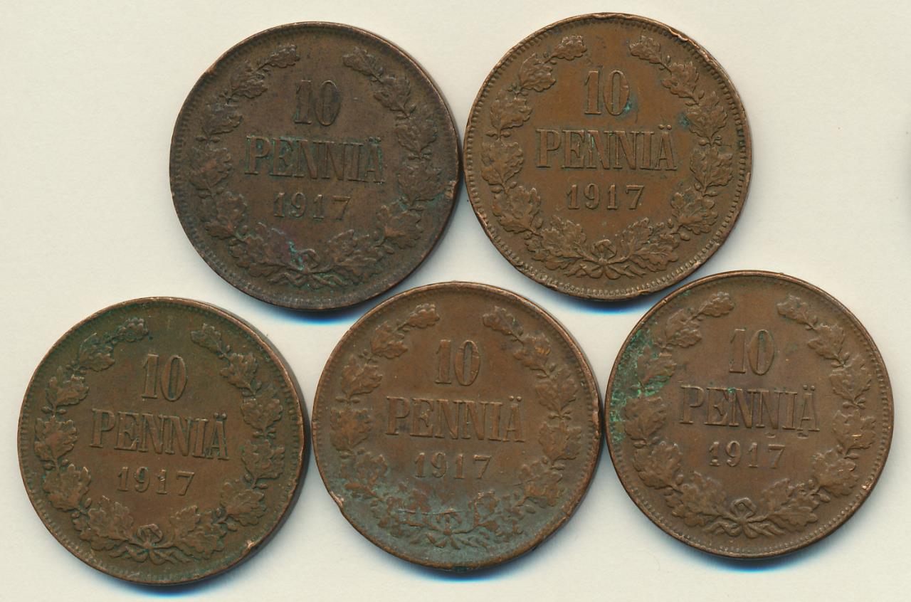 1917 Лот монет Финляндии: 10 пенни (5 шт.) аверс