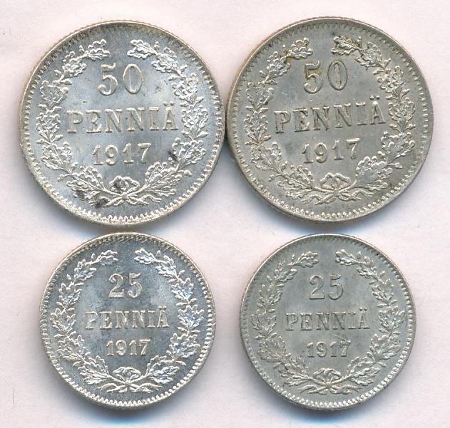 1917 Лот монет Финляндии: 50,25 пенни (4 шт.) аверс